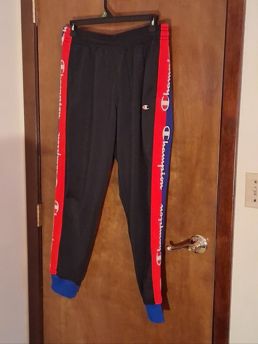 Champion Men’s XL Sweatpants Black Red Blue Logo Tape Jogger Pants